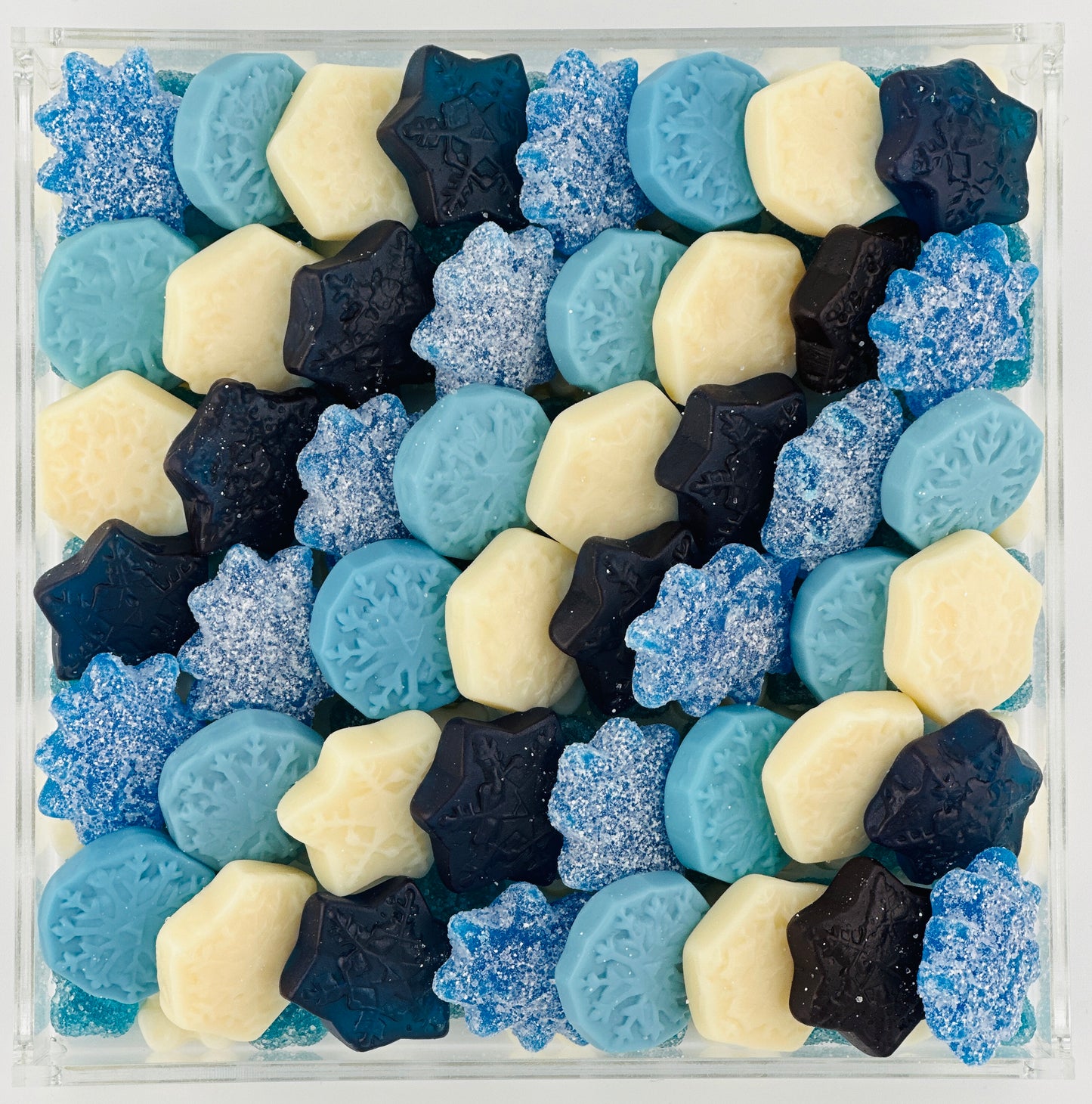 BUCKHEAD CANDY COMPANY HOLIDAY THEMED CANDY BOARD WITH BLUE AND WHITE GUMMI CANDY PERFECT FOR HOLIDAY GIFT AND HANNUKAH GIFT